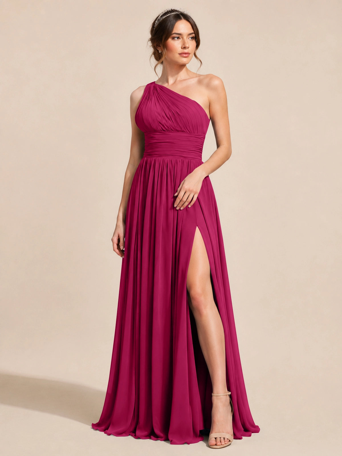 Chiffon Bridesmaid Dress with One-Shoulder Neckline 