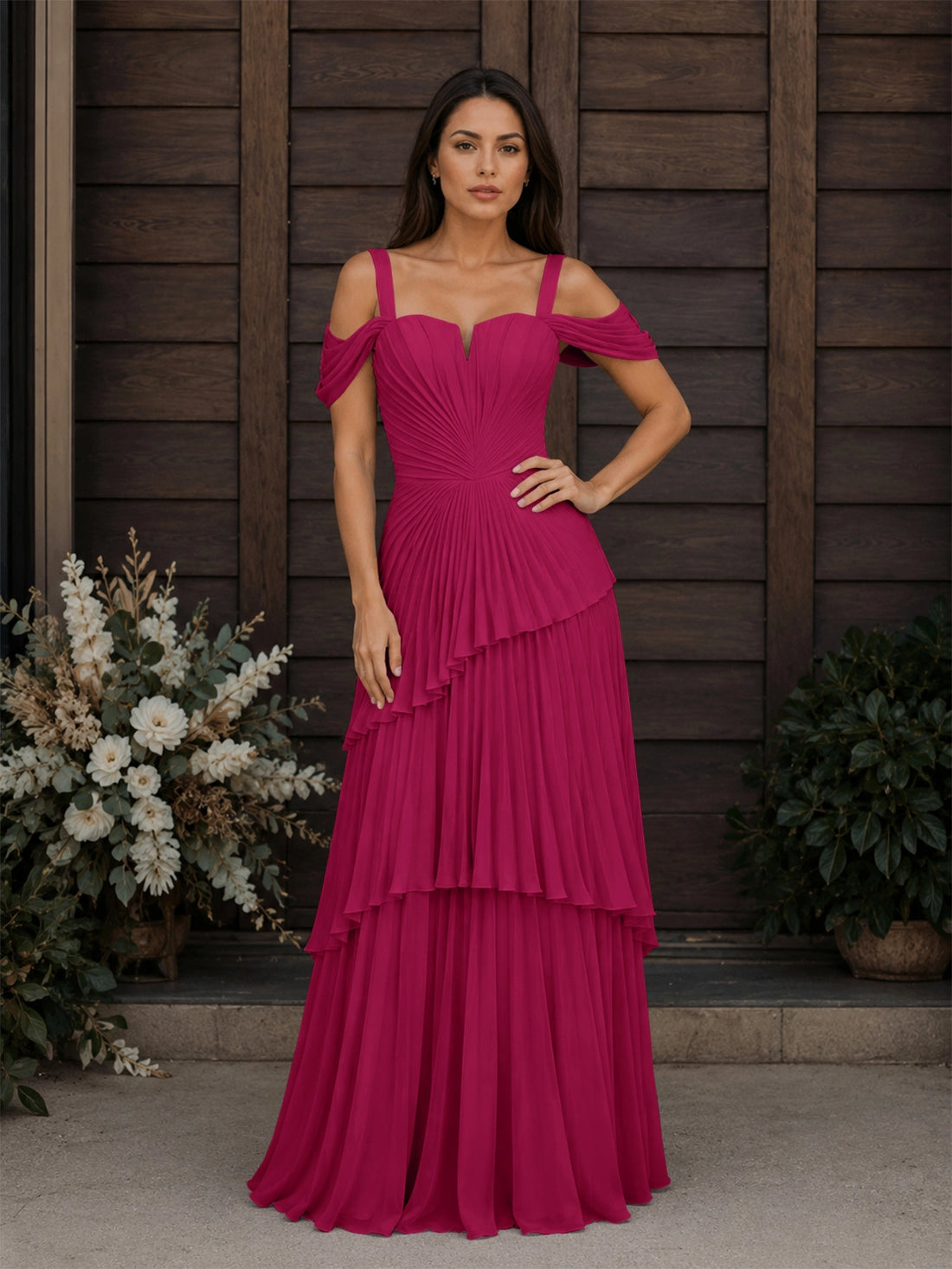 Chiffon Bridesmaid Dress with Cold-Shoulder 
