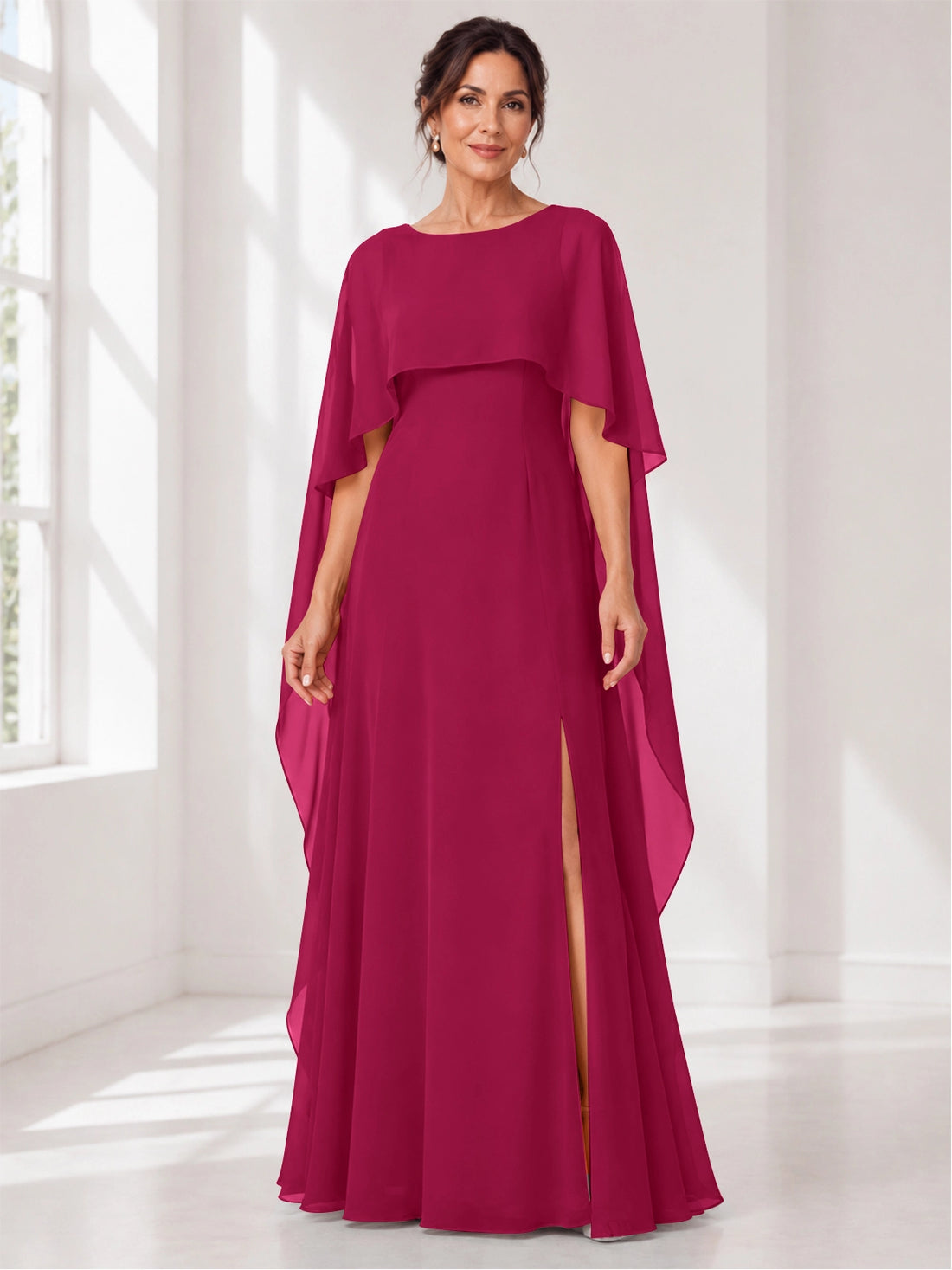 Chiffon Mother of the Bride Dress with Cape Overlay 