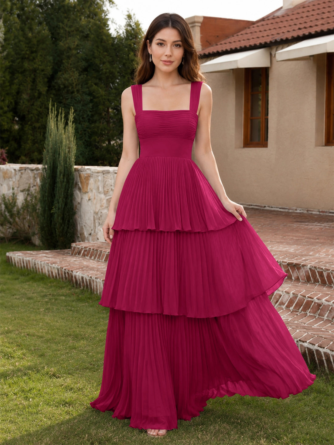 Chiffon Bridesmaid Dress with Tiered Design 