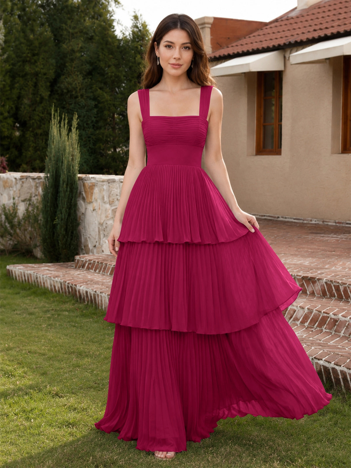 Chiffon Bridesmaid Dress with Tiered Design 