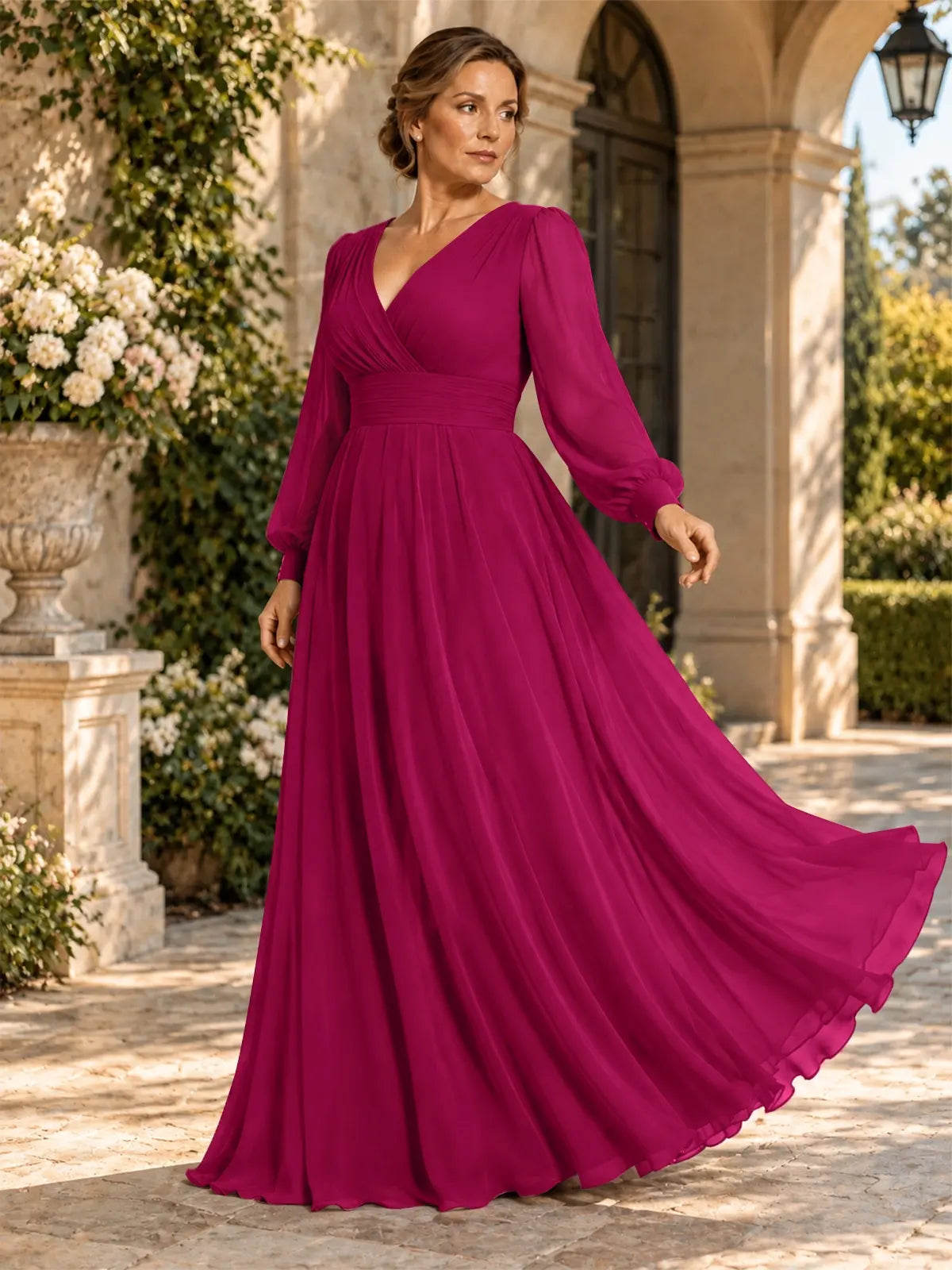 Chiffon Mother of the Bride Dress with Long Sleeves-Plus Size 