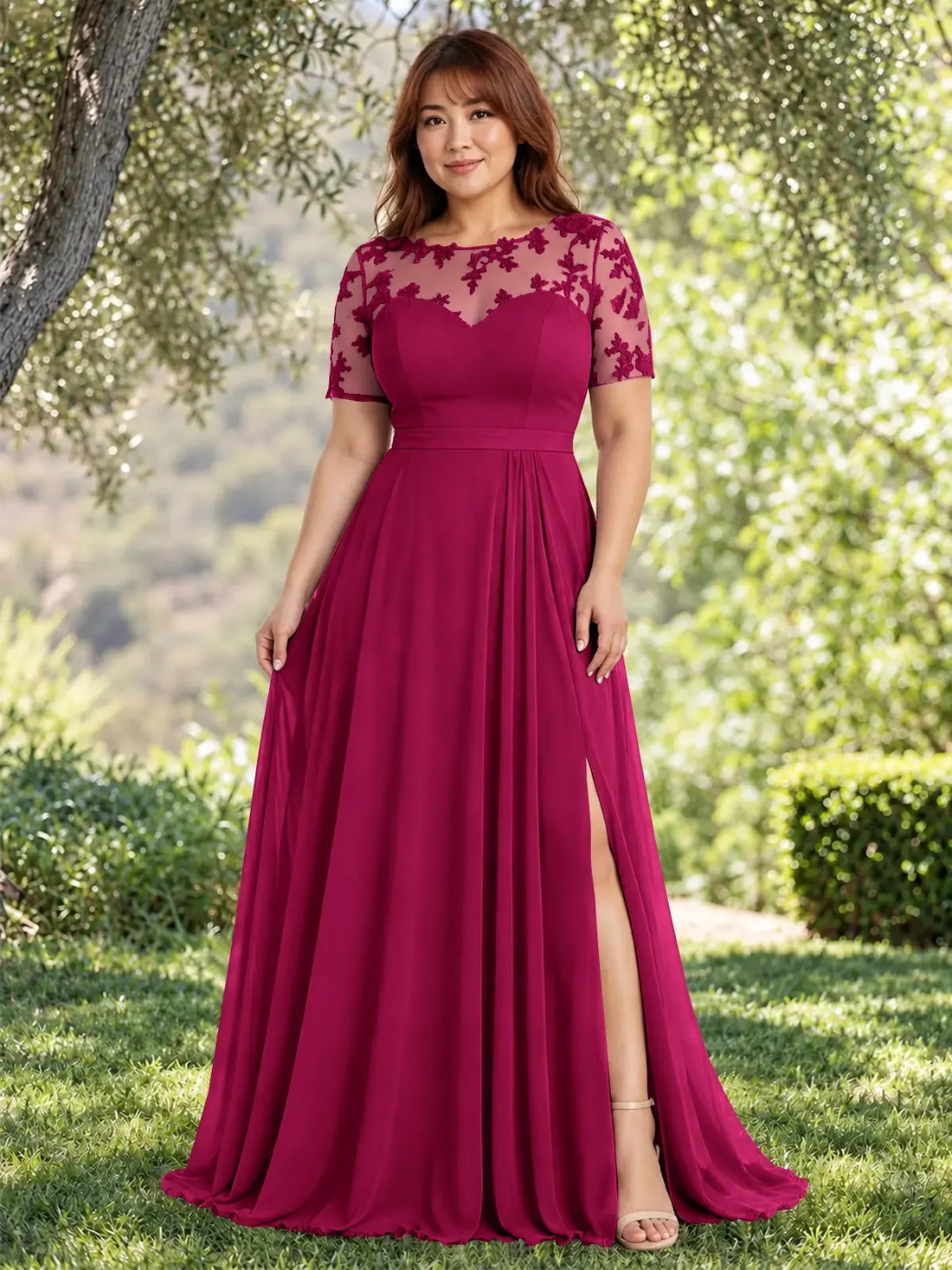 Lace Mother of the Bride Dress with Illusion Neckline-Plus Size 