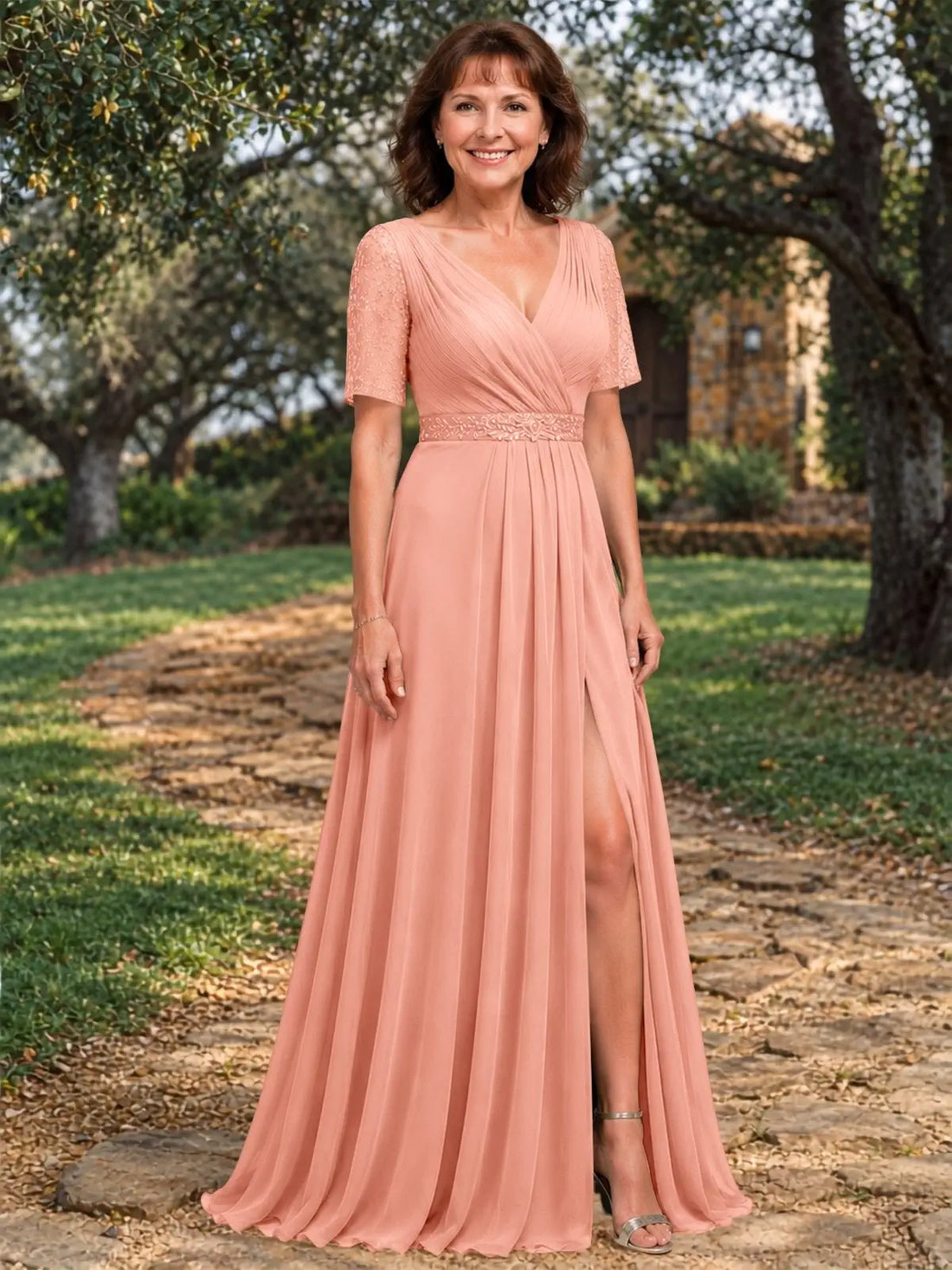 Surplice Neckline Mother of the Bride Dress with Slit 