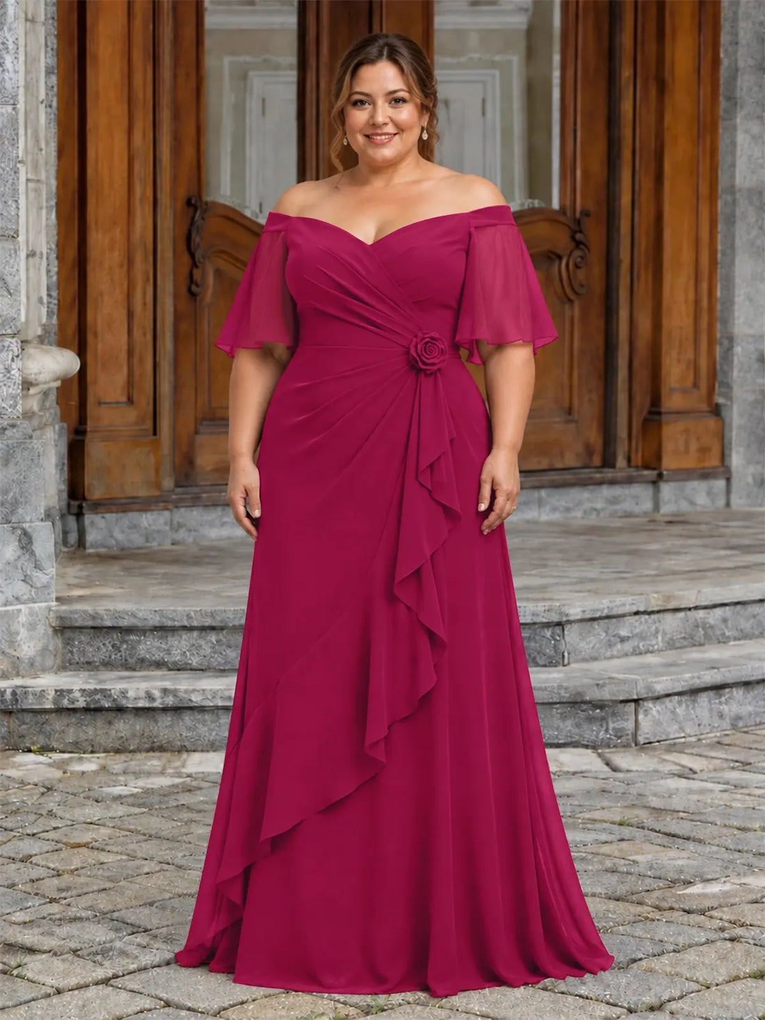 Chiffon Mother of the Bride Dress with 3D Rosette-Plus Size 