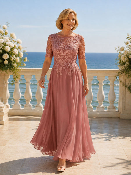 Applique Half Sleeves Chiffon Dress 