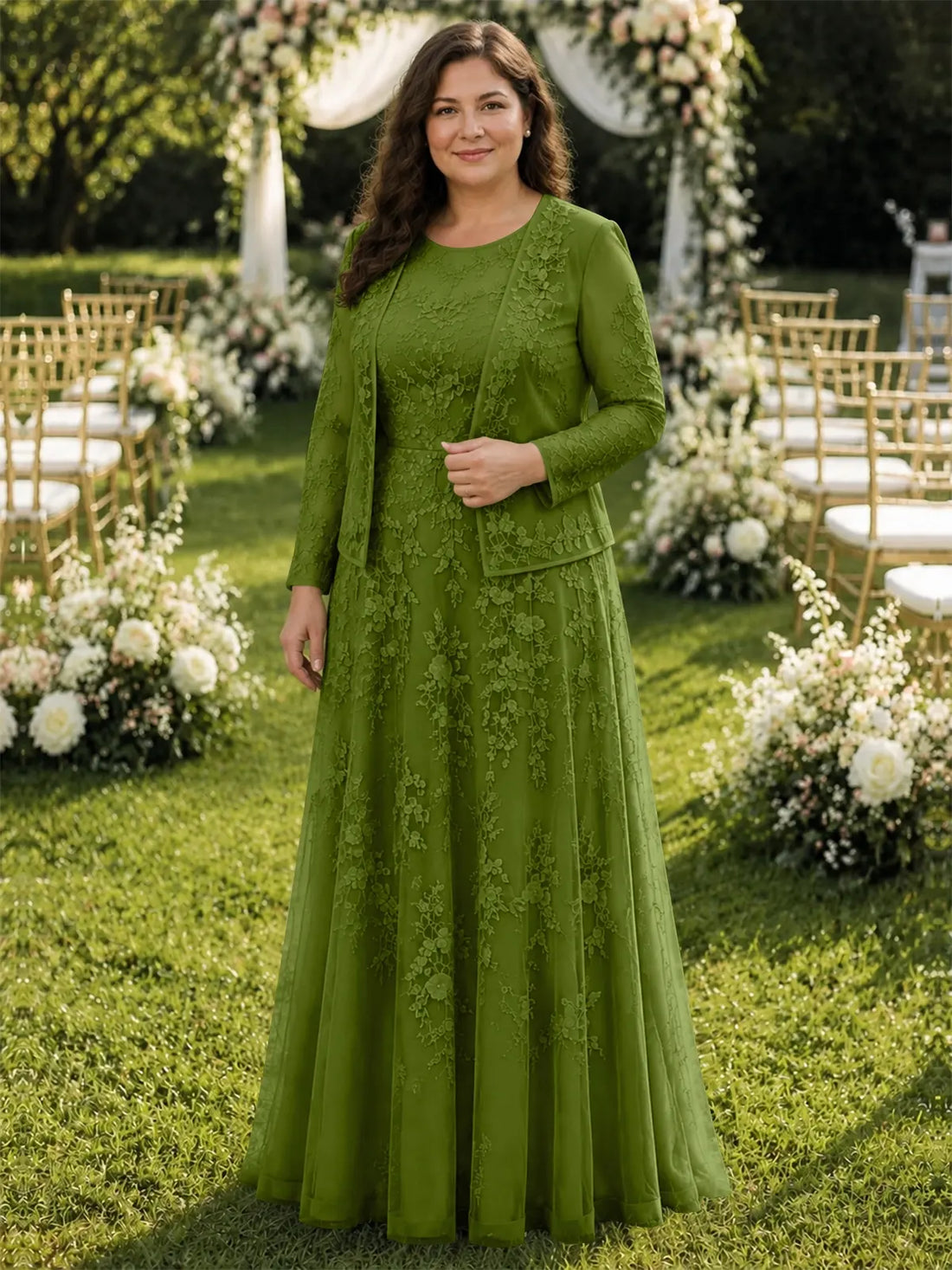 Two-Piece Lace Mother of the Bride Dress with Long Sleeves-Plus Size 