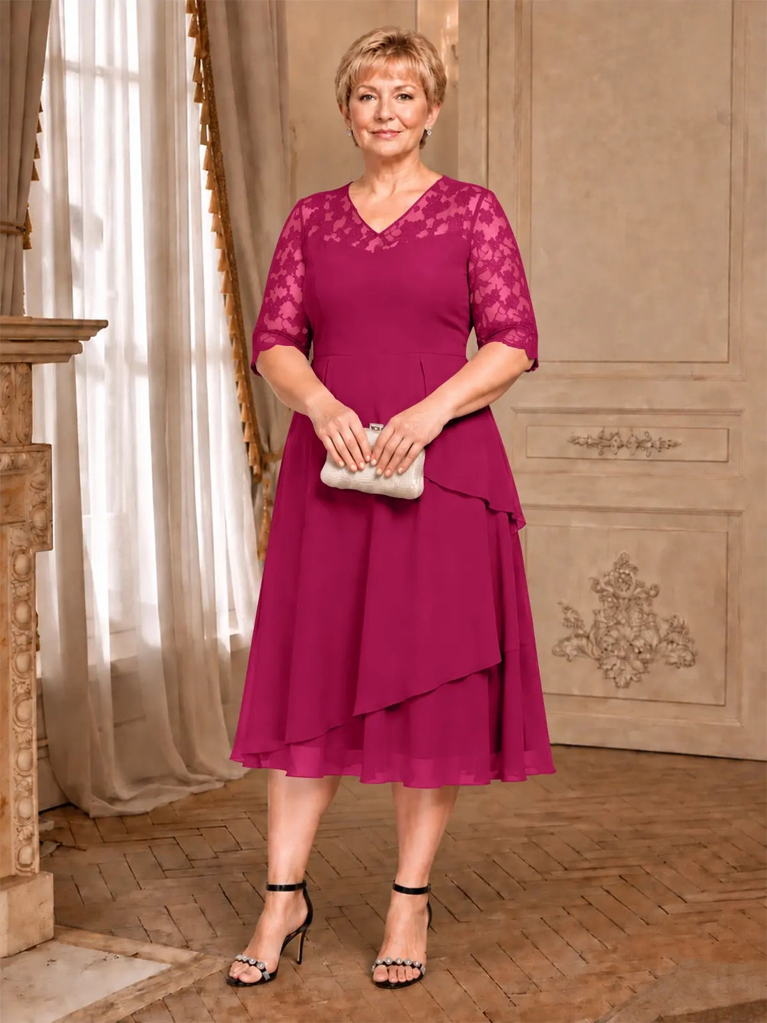A-line Mother of the Bride Dress with Lace Sleeves-Plus Size 