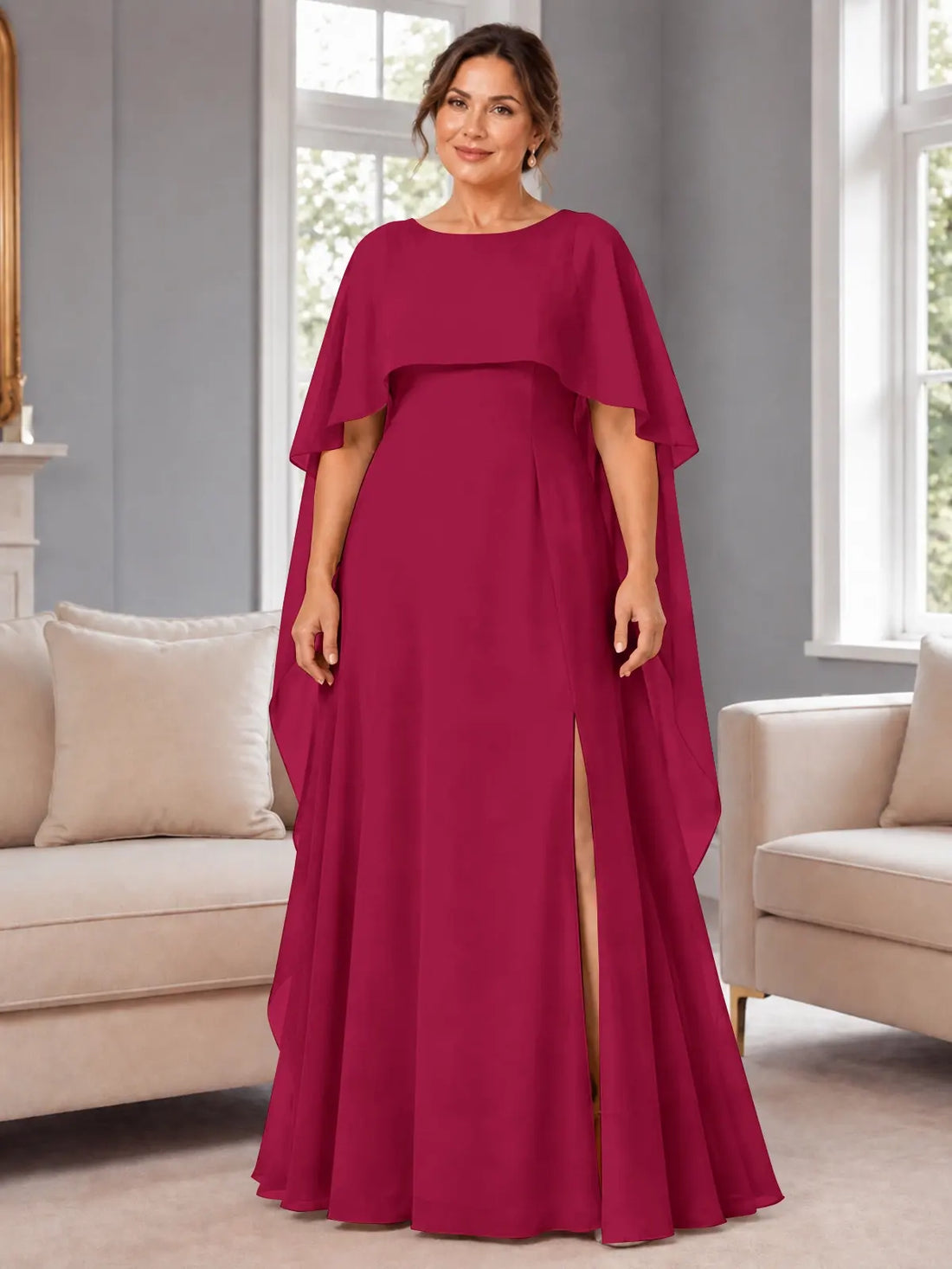 Chiffon Mother of the Bride Dress with Cape Overlay-Plus Size 