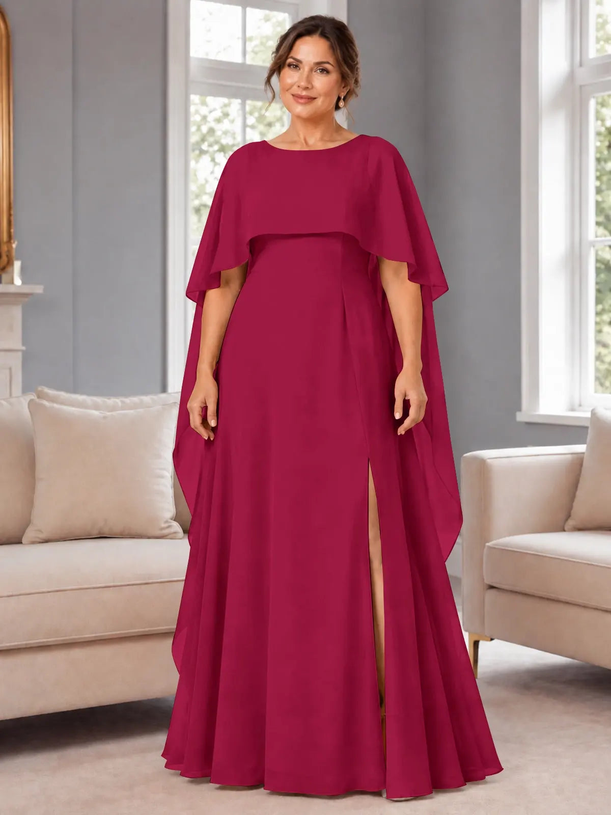 Chiffon Mother of the Bride Dress with Cape Overlay-Plus Size 