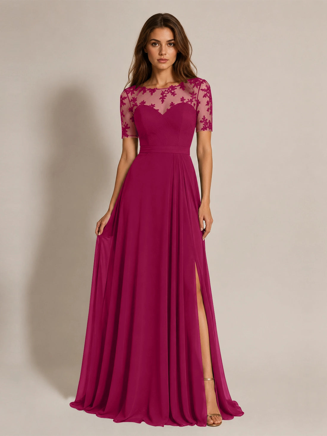 Lace Mother of the Bride Dress with Illusion Neckline 