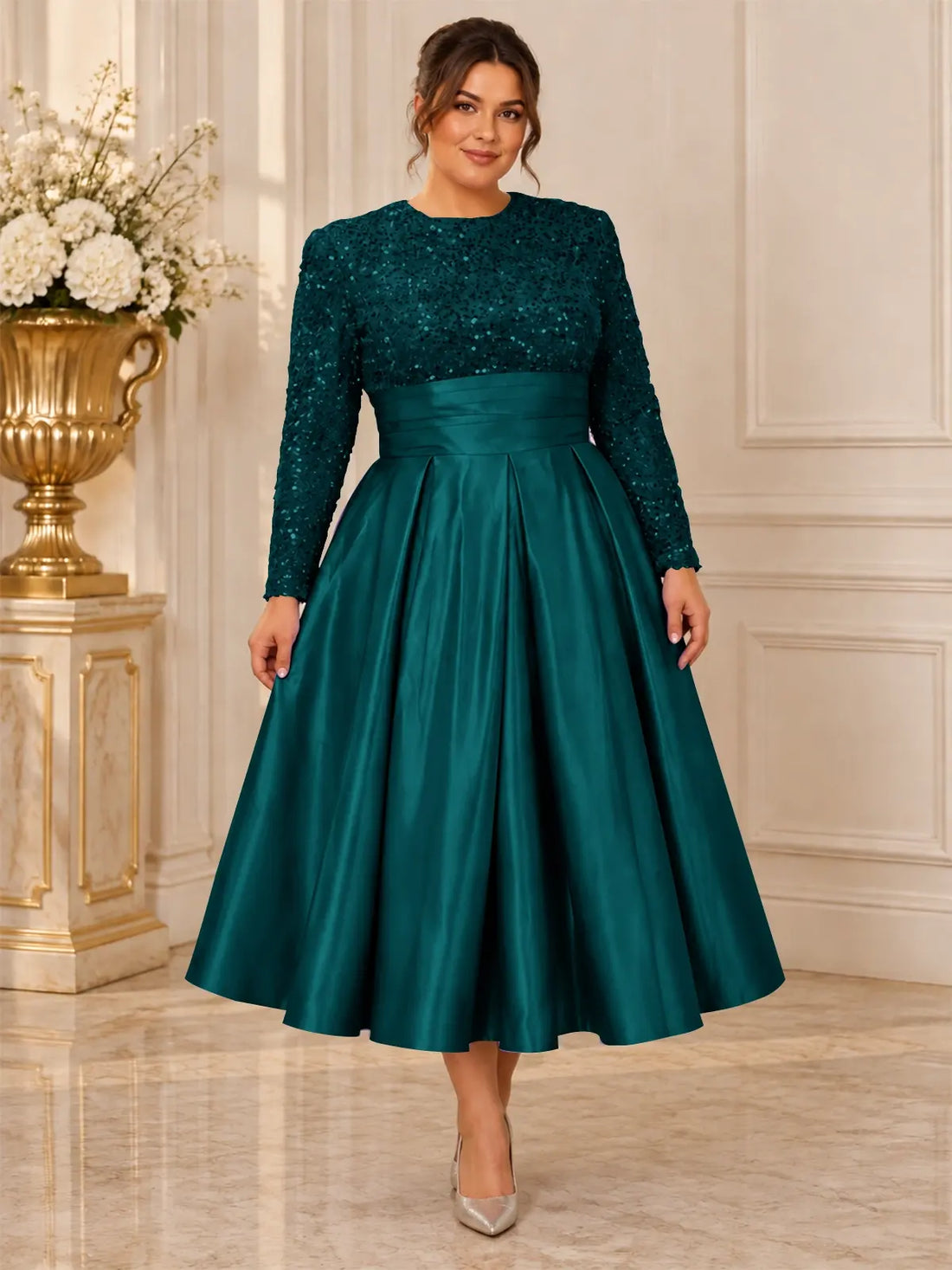 Sequined Mother Dress with Pockets-Plus Size 