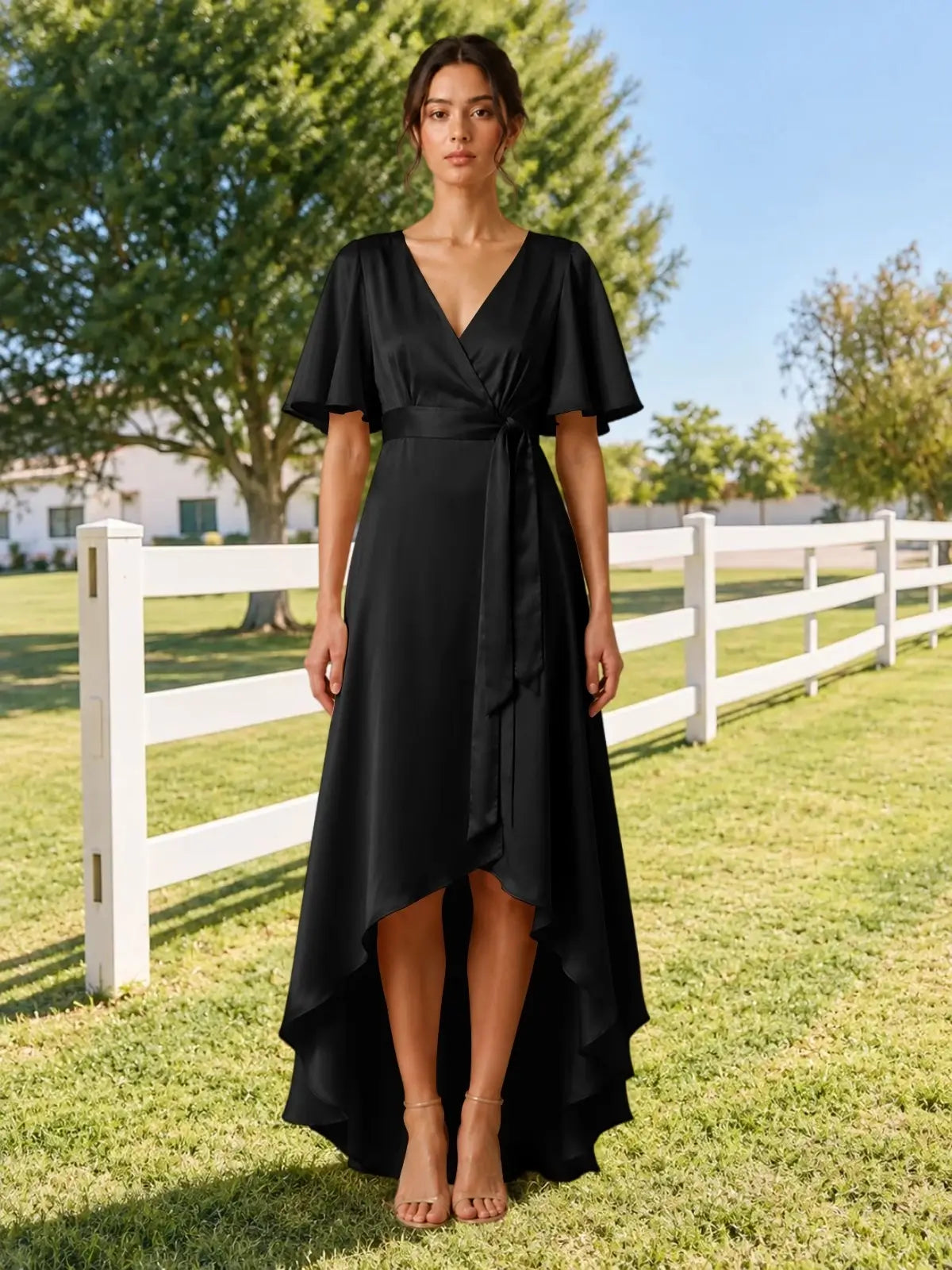 V-neck Bridesmaid Dress with Flutter Sleeves