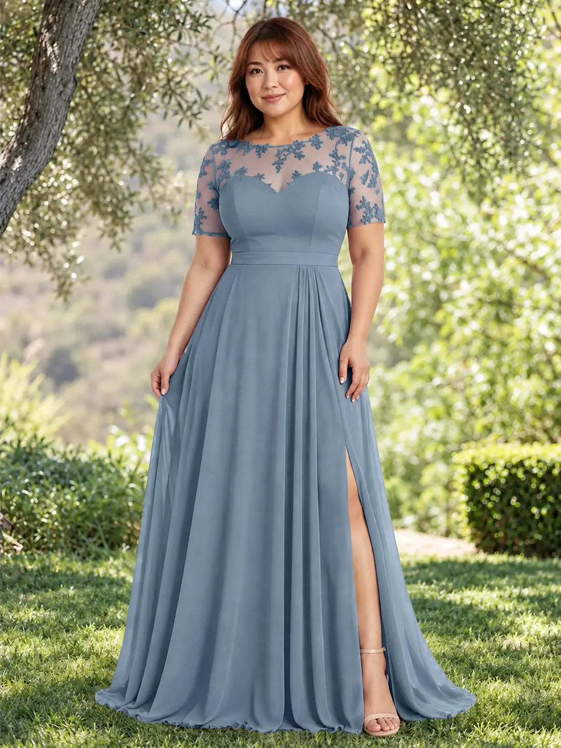 Lace Mother of the Bride Dress with Illusion Neckline-Plus Size 