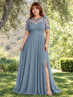 Lace Mother of the Bride Dress with Illusion Neckline-Plus Size 