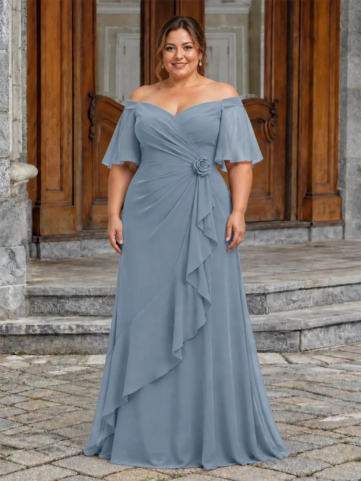 Chiffon Mother of the Bride Dress with 3D Rosette-Plus Size 