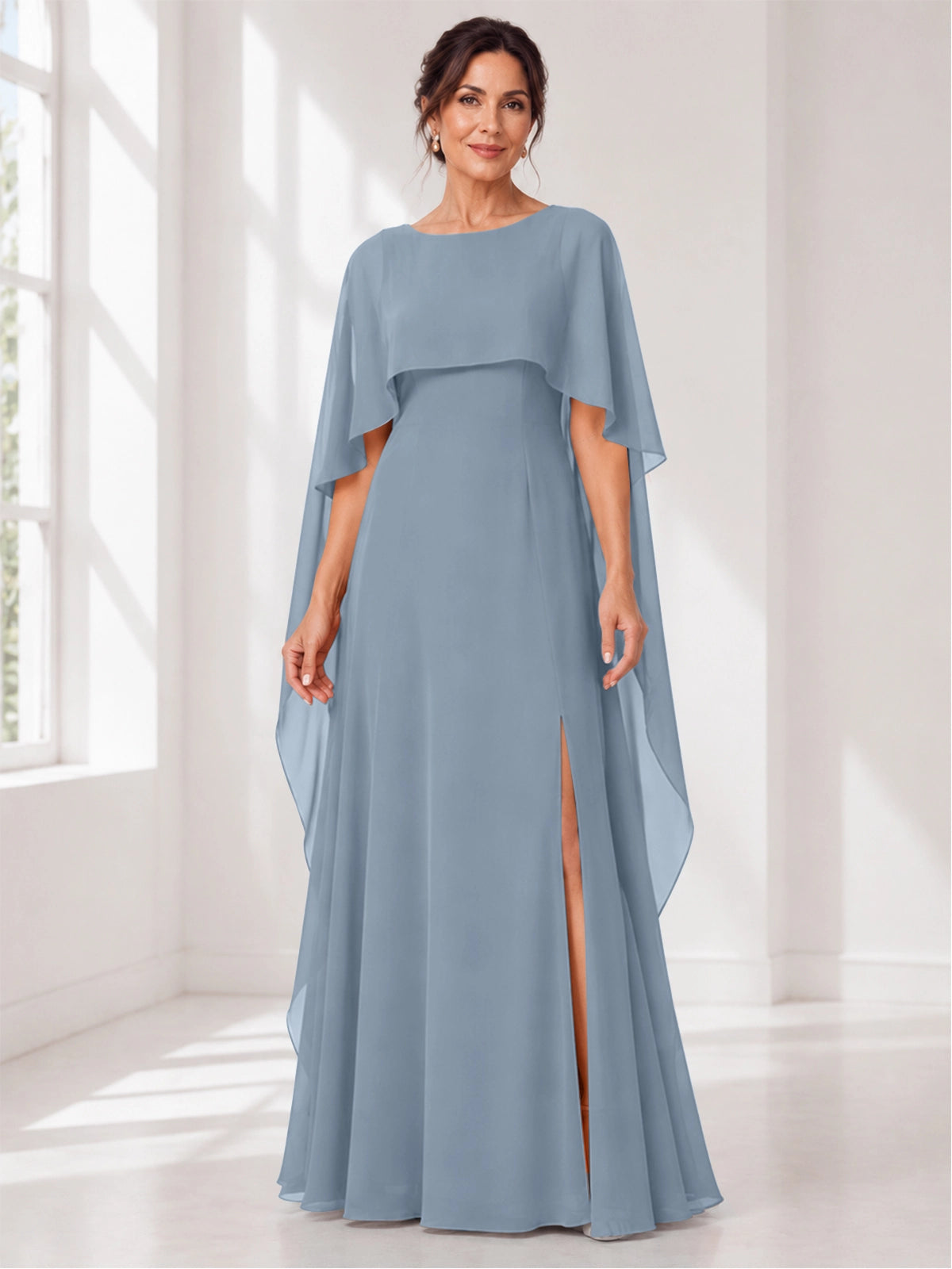 Chiffon Mother of the Bride Dress with Cape Overlay 