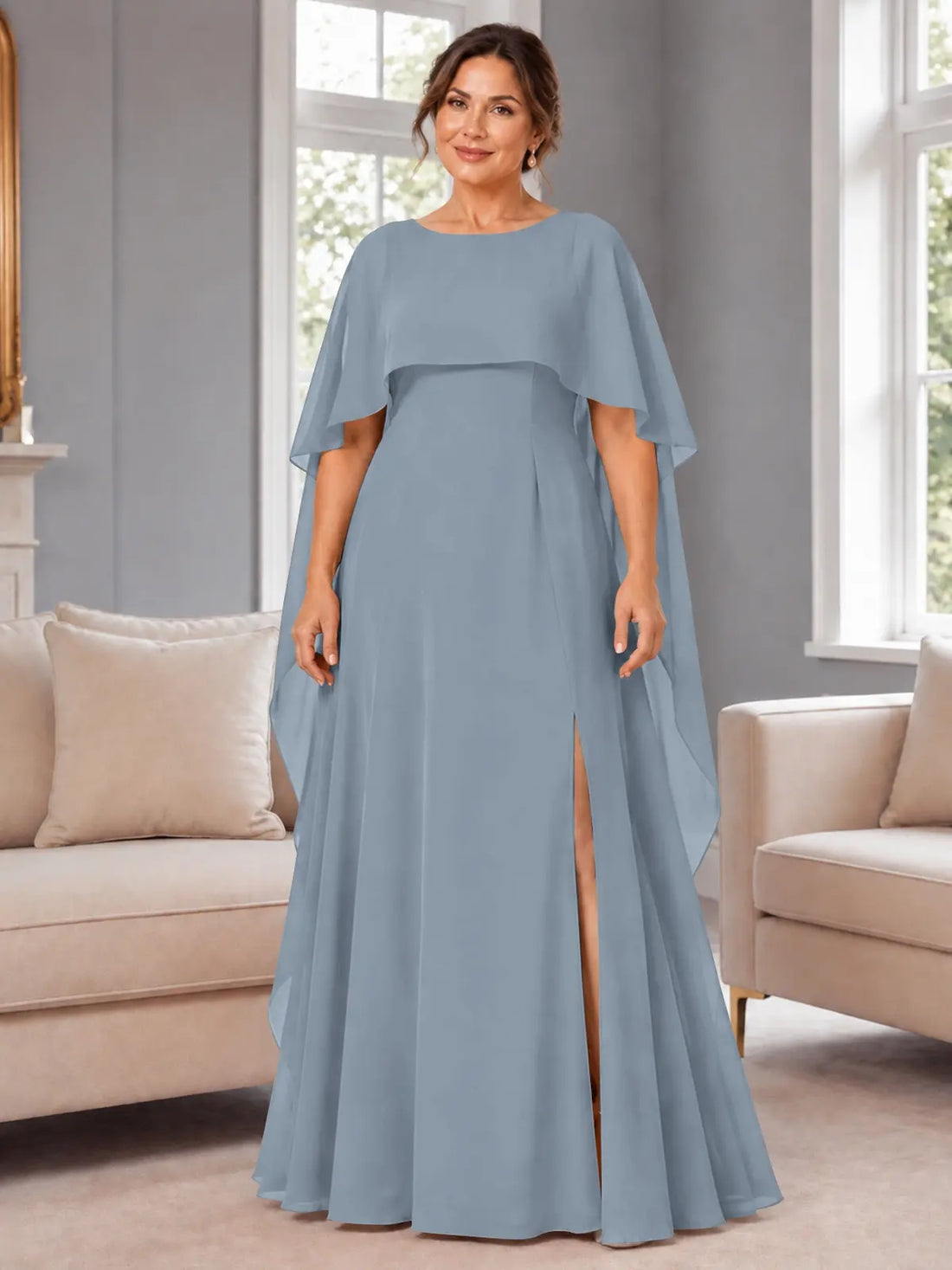 Chiffon Mother of the Bride Dress with Cape Overlay-Plus Size 