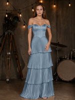 Silk-Like Prom Dress with Tiered Pleated Skirt 