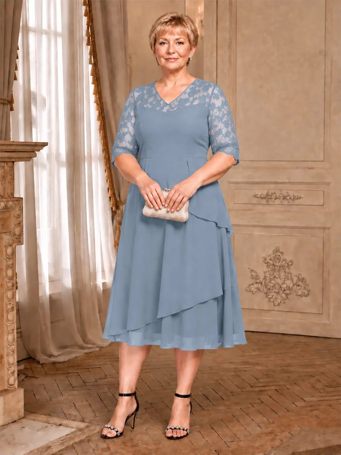 A-line Mother of the Bride Dress with Lace Sleeves-Plus Size 