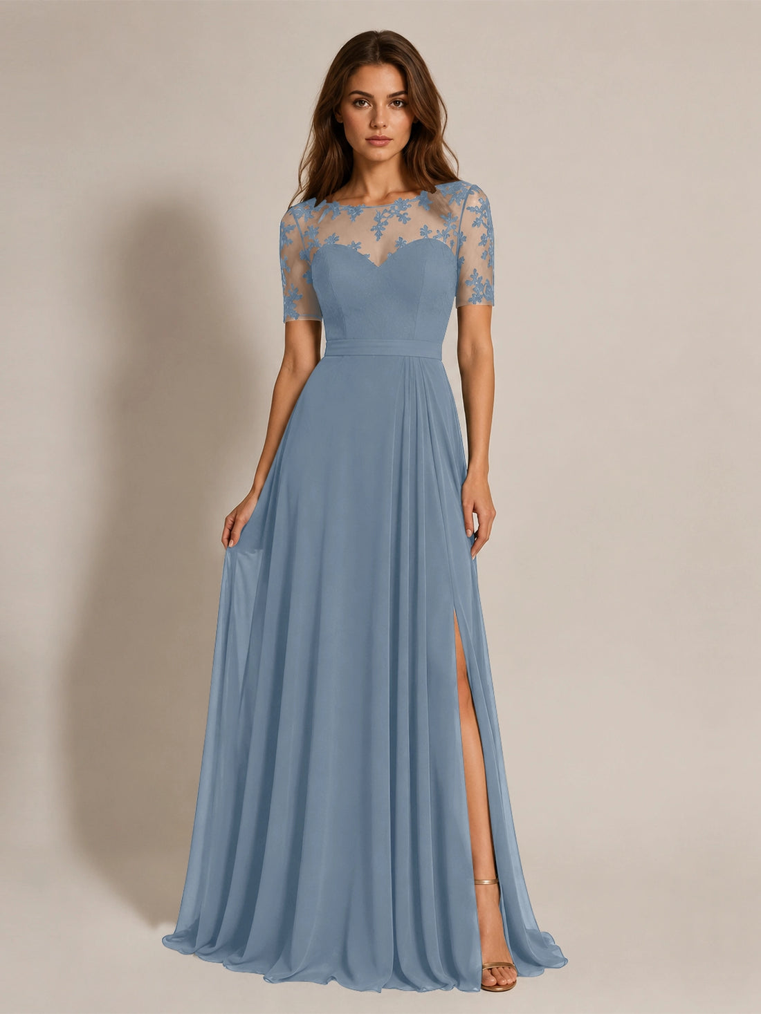 Lace Mother of the Bride Dress with Illusion Neckline 