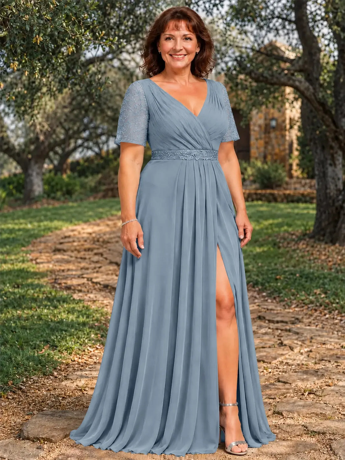 Surplice Neckline Mother of the Bride Dress with Slit-Plus Size 