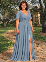 Surplice Neckline Mother of the Bride Dress with Slit-Plus Size 