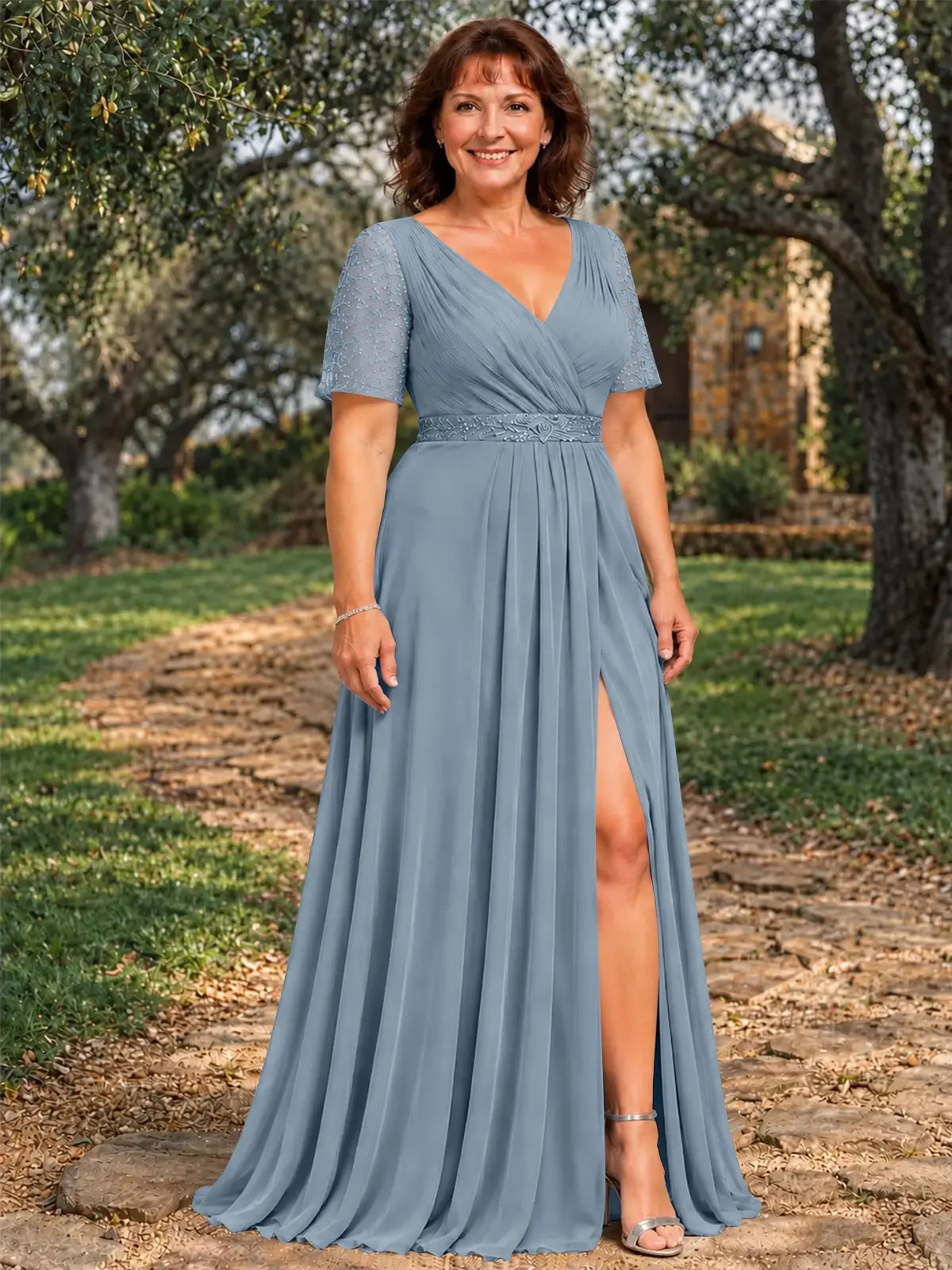 Surplice Neckline Mother of the Bride Dress with Slit-Plus Size 