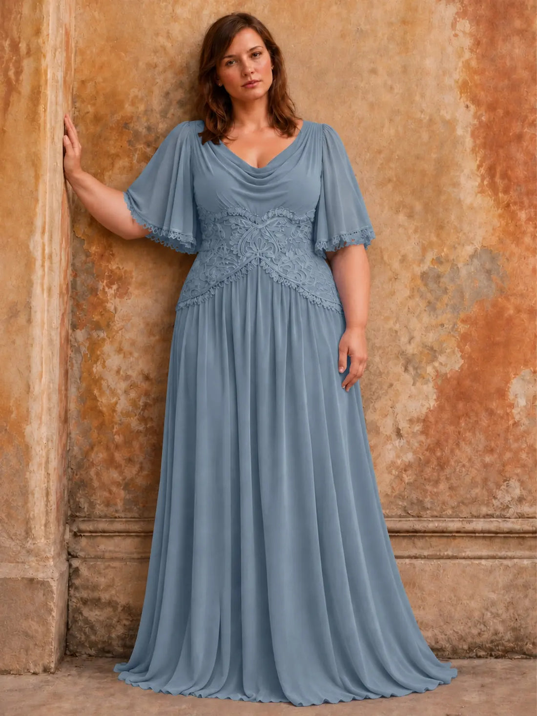 Cowl Neck Mother of the Bride Dress with Applique-Plus Size 