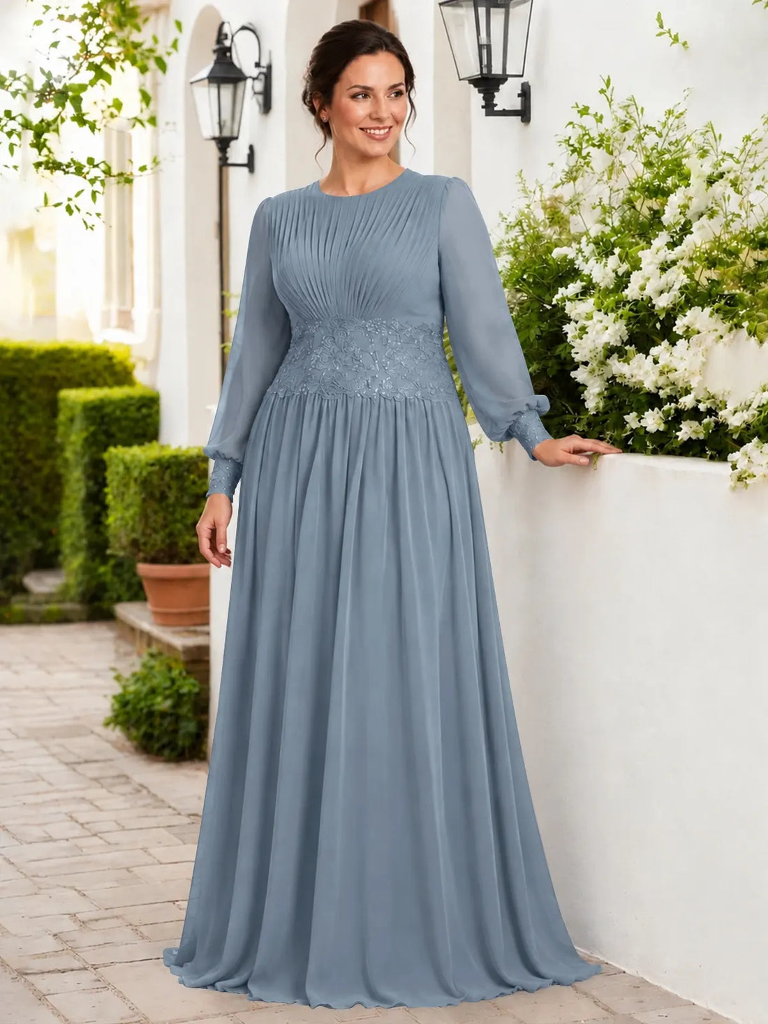 Chiffon Mother of the Bride Dress with Jewel Neckline-Plus Size 