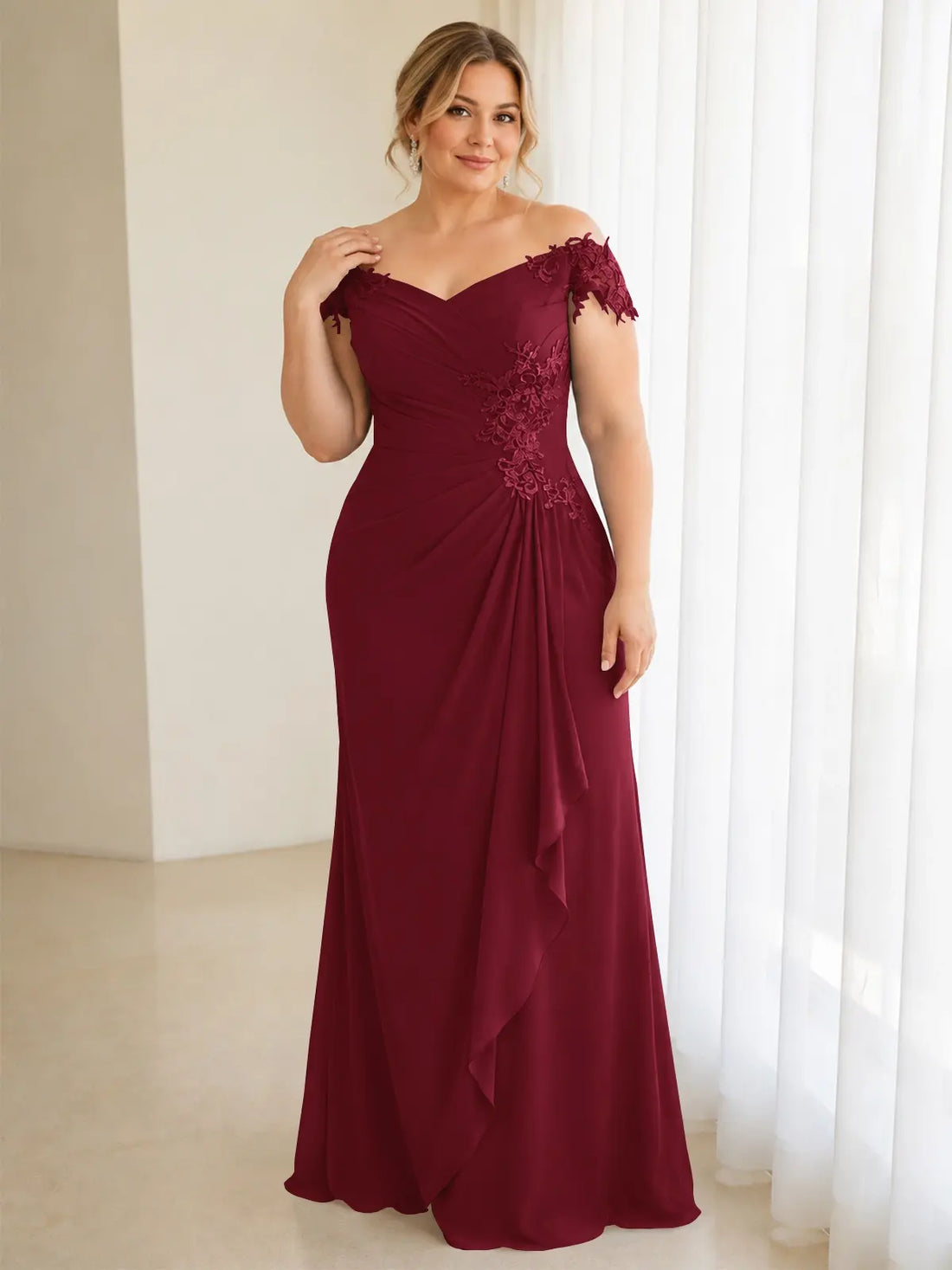 Off-Shoulder Chiffon Sheath Mother of the Bride Dress-Plus Size 
