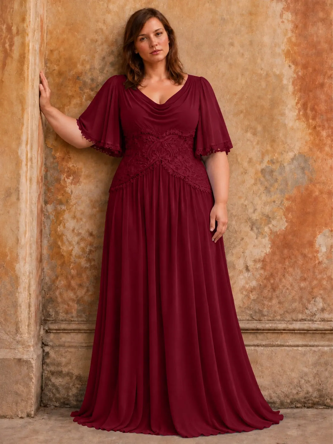 Cowl Neck Mother of the Bride Dress with Applique-Plus Size 