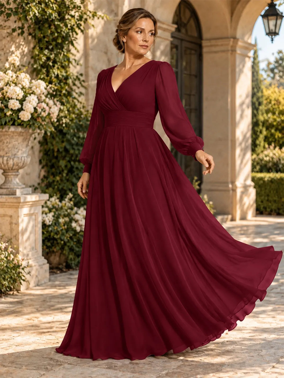 Chiffon Mother of the Bride Dress with Long Sleeves-Plus Size 