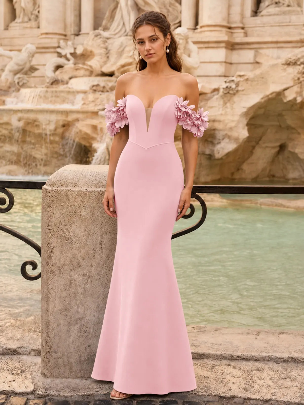Off-the-Shoulder Prom Dress with 3D Floral Straps 