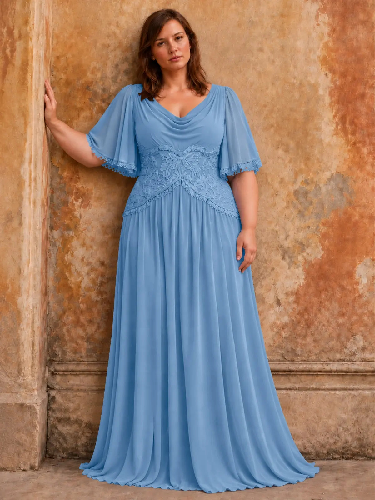 Cowl Neck Mother of the Bride Dress with Applique-Plus Size 