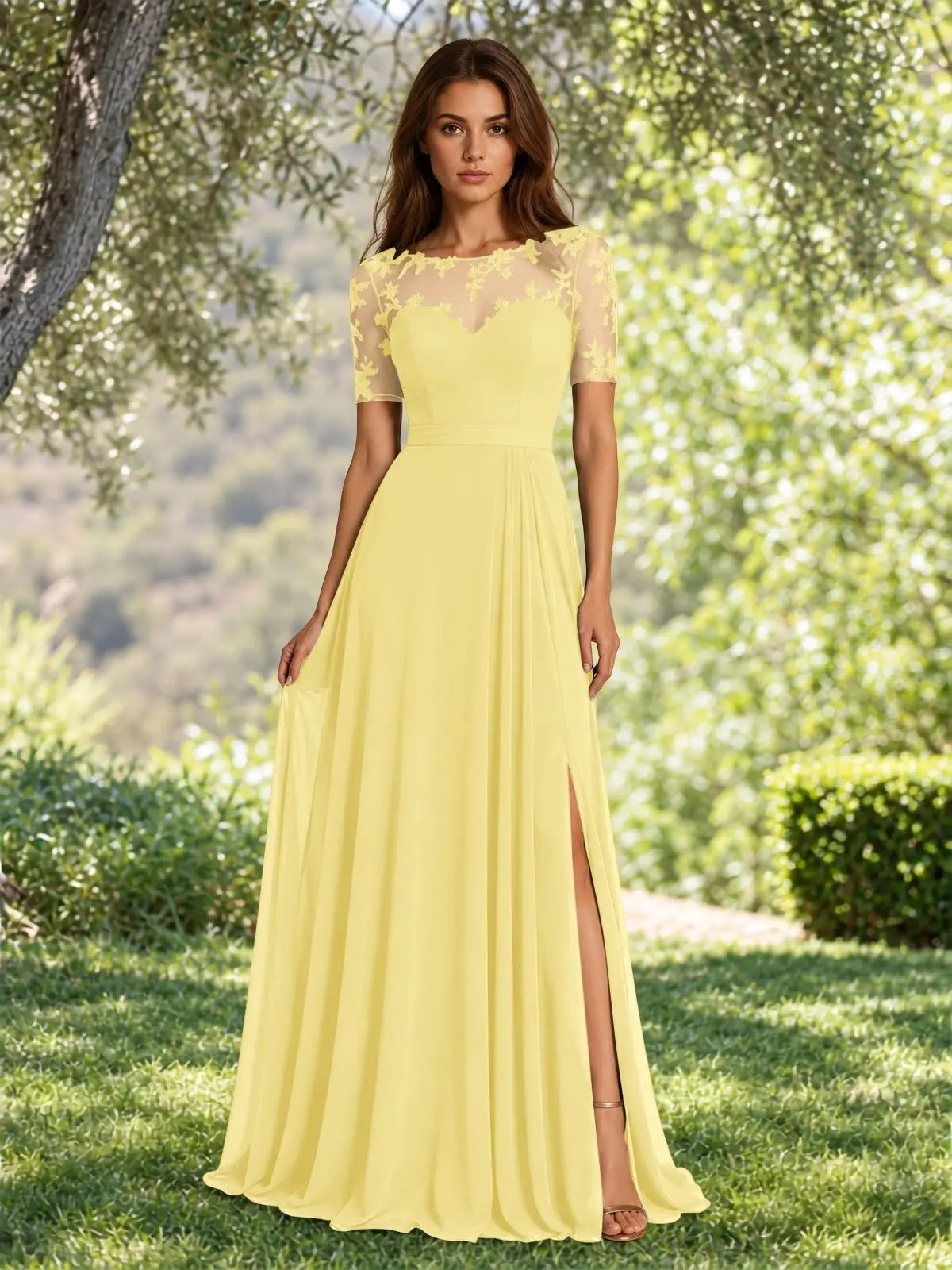 Lace Mother of the Bride Dress with Illusion Neckline 