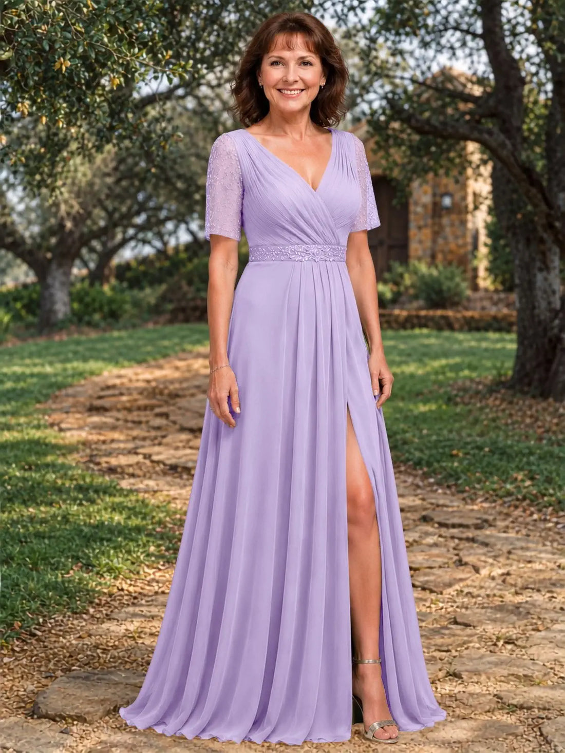 Surplice Neckline Mother of the Bride Dress with Slit 