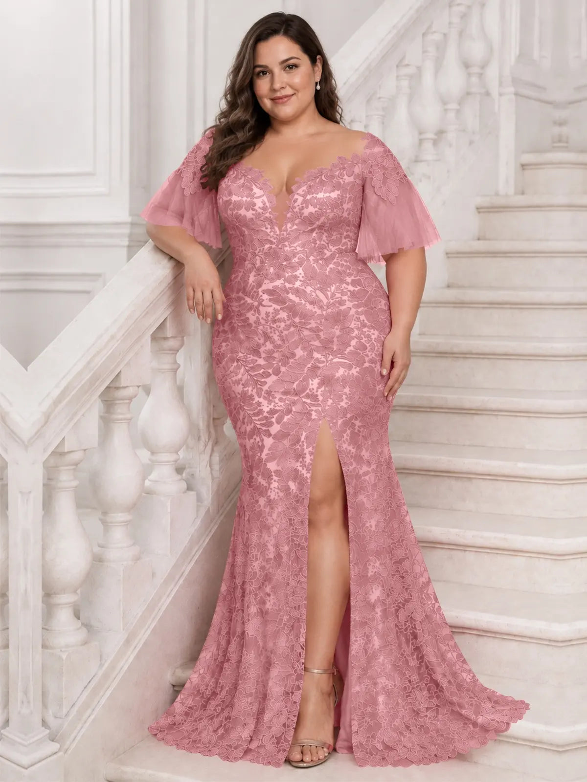 Mermaid Mother of the Bride Dress with V-neck-Plus Size 