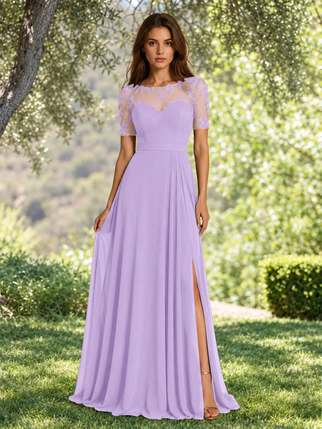 Lace Mother of the Bride Dress with Illusion Neckline 