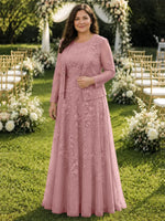 Two-Piece Lace Mother of the Bride Dress with Long Sleeves-Plus Size 
