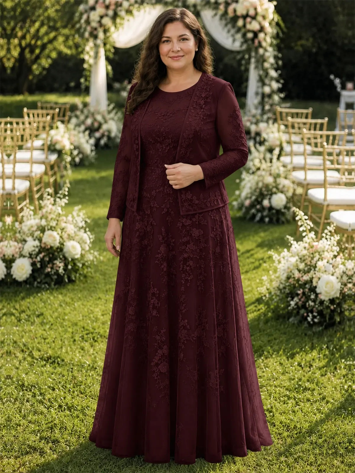 Two-Piece Lace Mother of the Bride Dress with Long Sleeves-Plus Size 