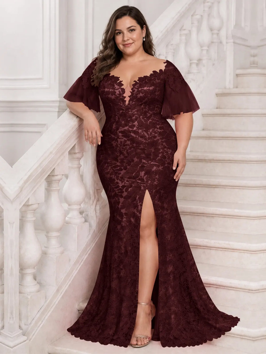 Mermaid Mother of the Bride Dress with V-neck-Plus Size 