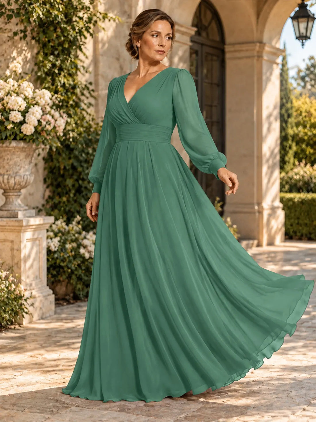 Chiffon Mother of the Bride Dress with Long Sleeves-Plus Size 