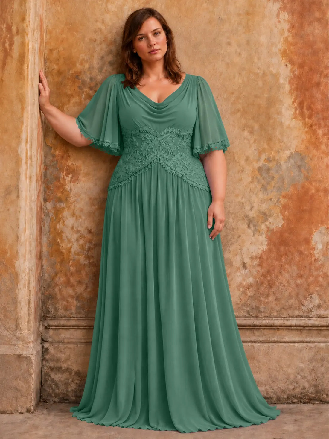 Cowl Neck Mother of the Bride Dress with Applique-Plus Size 