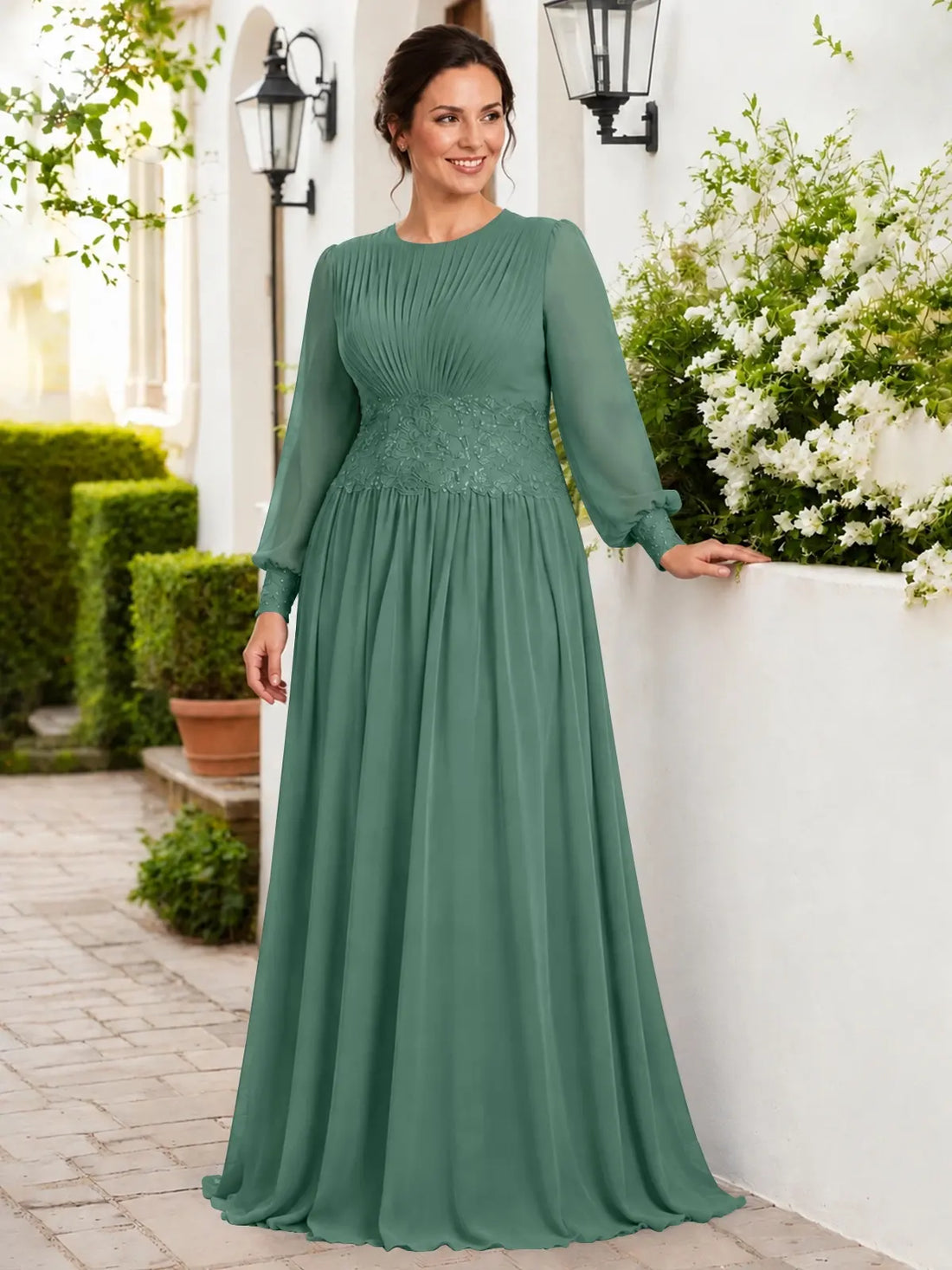 Chiffon Mother of the Bride Dress with Jewel Neckline-Plus Size 