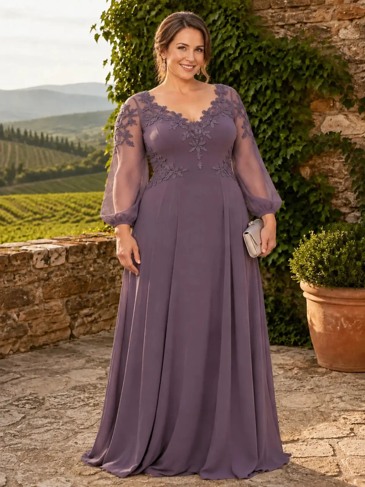 V‑neck Mother of The Bride Dress with Long Illusion Puff Sleeves