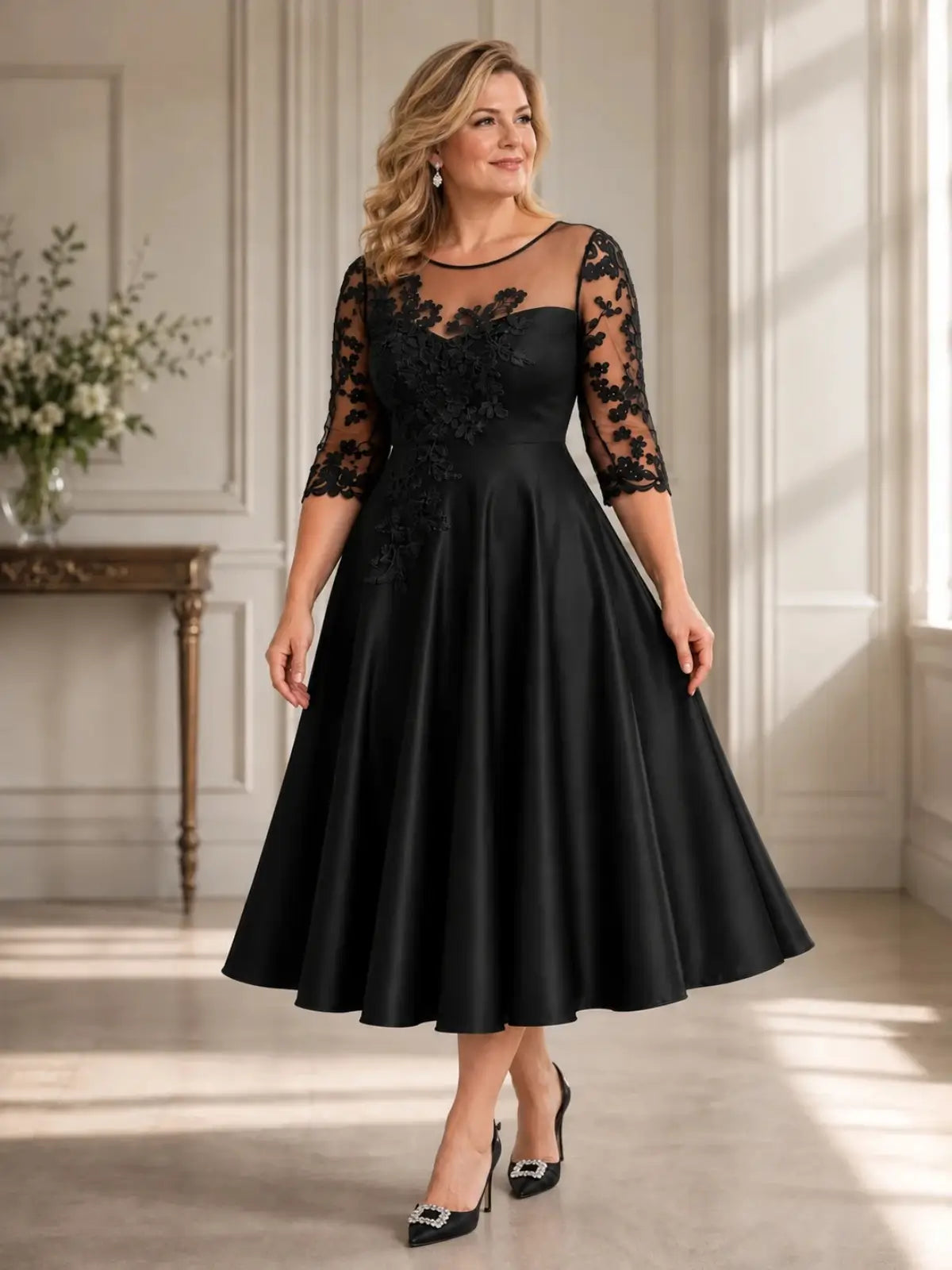 Boat Neck Mother of the Bride Dress with Floral Appliques
