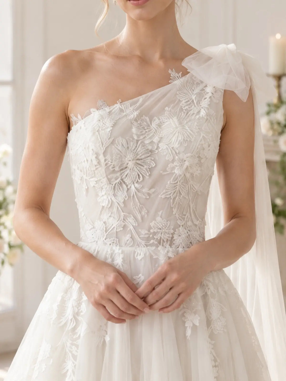 One-Shoulder Wedding Dress with Applique Details