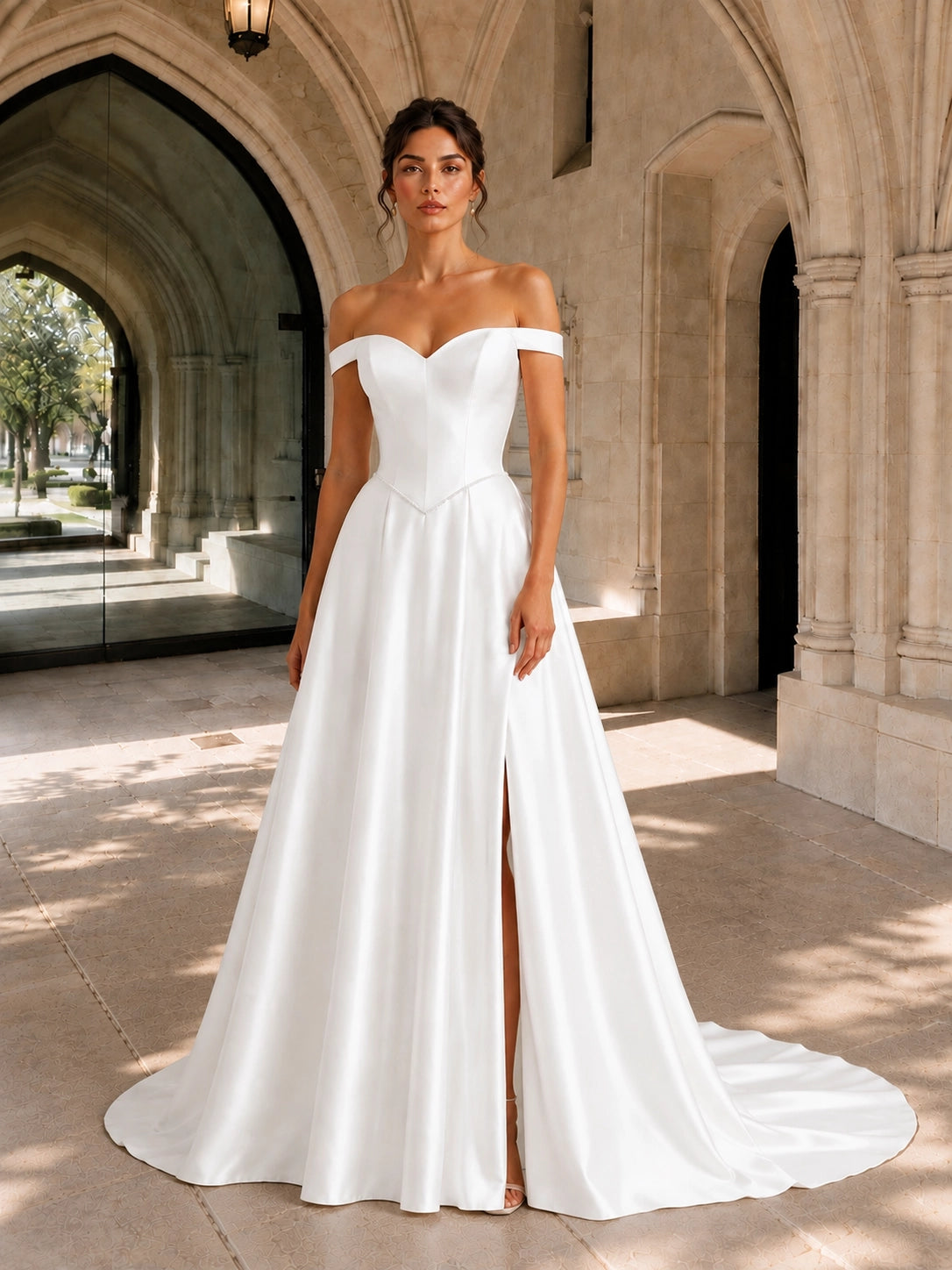 Off-the-Shoulder Wedding Dress with Side Slit 