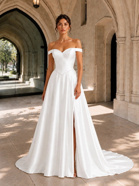 Off-the-Shoulder Wedding Dress with Side Slit 